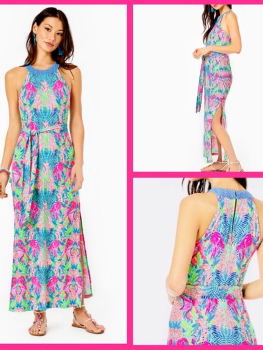 Lilly Pulitzer Neon Floral Halter Maxi Dress in Pink, Blue & Green